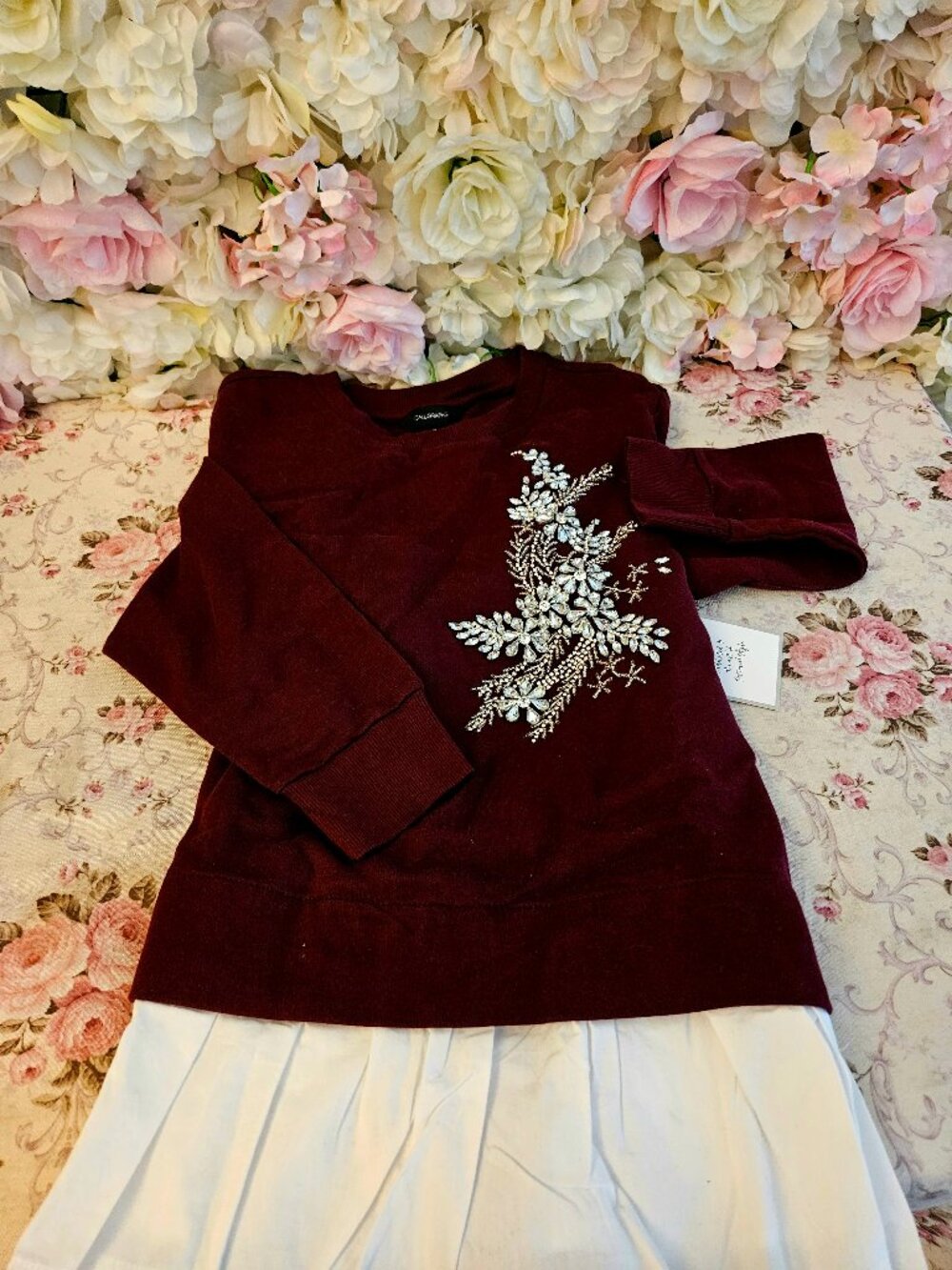 NWT Burgundy White Beaded Sweater Size M